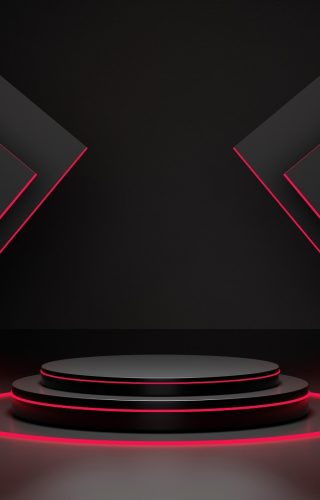 Red light round black podium and black background for mock up, 3D rendering